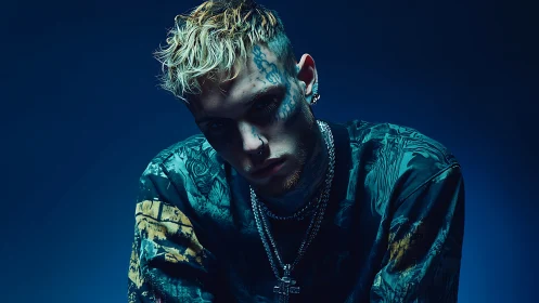 Moody tattooed musician in blue-toned dramatic lighting.