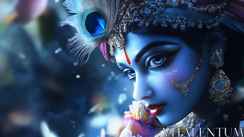 Blue-skinned jeweled goddess portrait with peacock feather