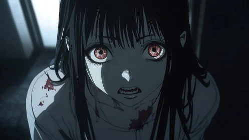 Terrified anime girl stares upward in a dark, bloodstained room