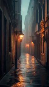 Narrow wet alley with street lamps in low evening fog.
