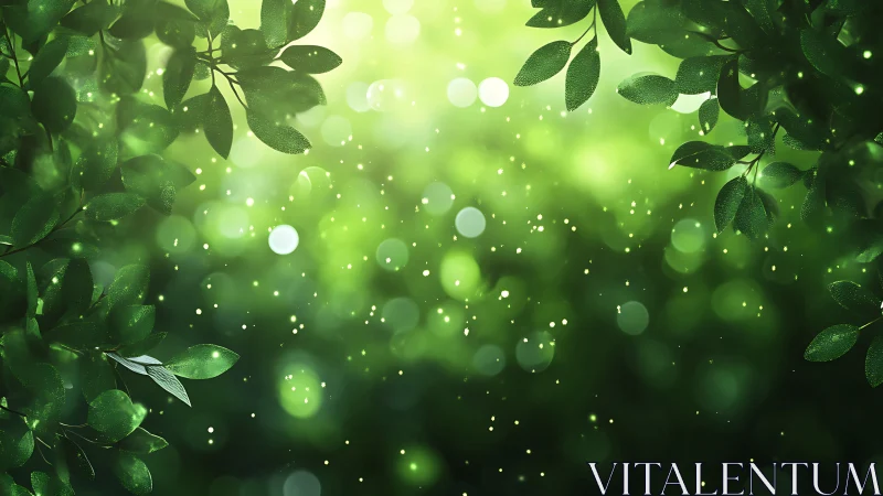 Luminescent Green Foliage with Bokeh Particles.