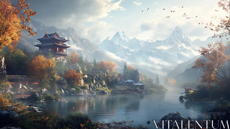 Mountain-temple autumn hush beside silver misted lake.