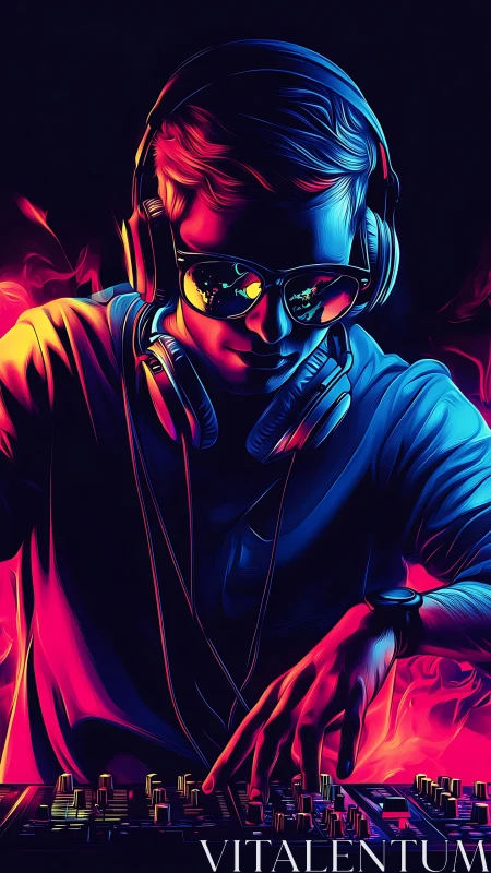 Neon-lit DJ portrait with vibrant duotone glow and motion trails.