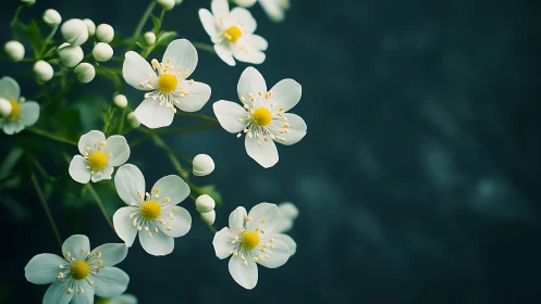 Delicate White Buttercup Flowers Against Deep Teal Background