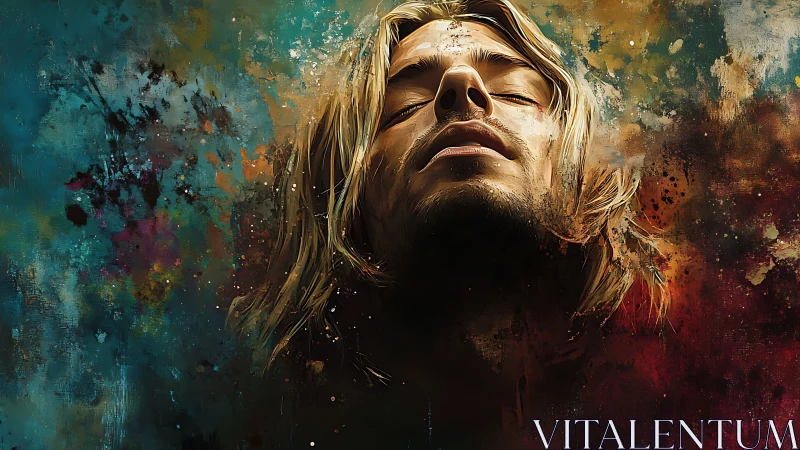 Digital portrait of serene man within abstract color storm.