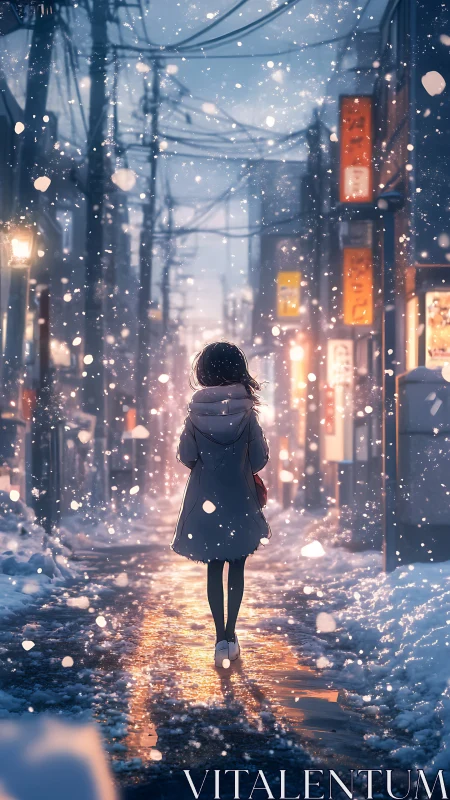 Girl wandering a softly lit winter street of quiet snow.
