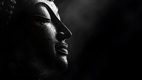 Serene Buddha profile in dramatic low key lighting study.