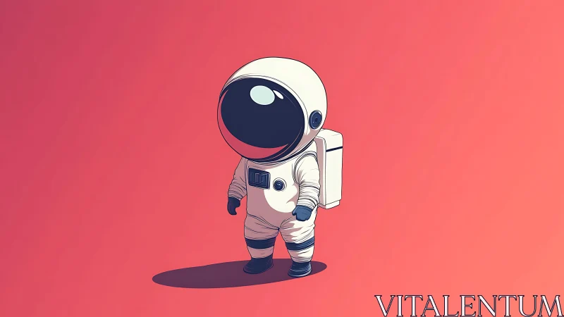 Cute cartoon astronaut stands alone on warm coral backdrop