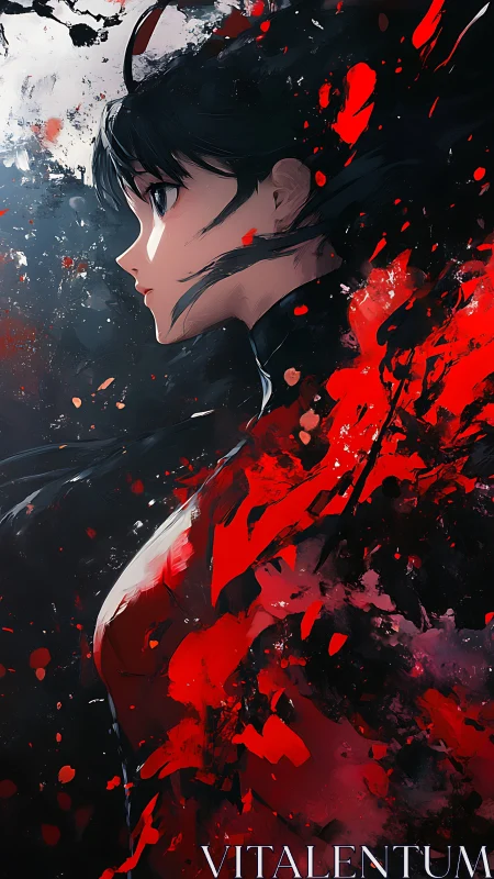 Anime profile portrait with explosive red abstract dispersion.