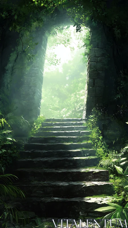 Stone stairway ascending through overgrown forest archway.