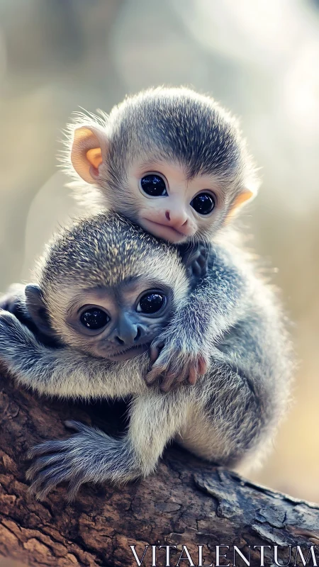 Twin baby monkeys cling on branch in soft rim lighting.