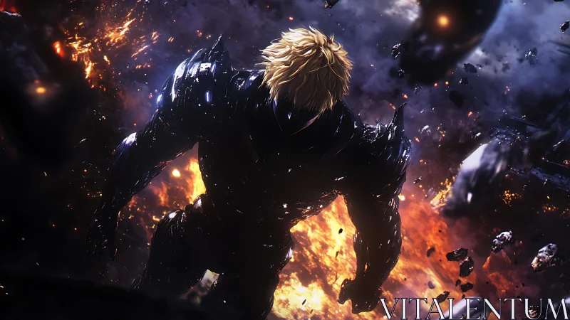 Armored cybernetic warrior in explosive orbital descent.