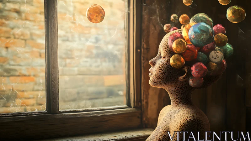 Rendered figure with spherical forms observes light through window