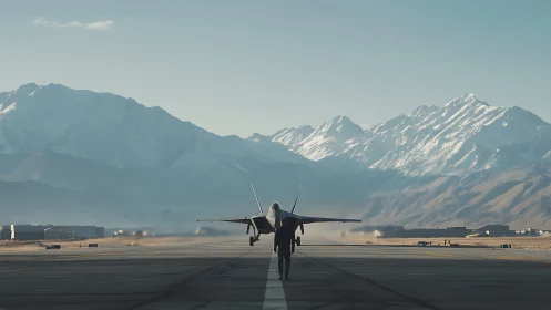 Jet pilot walks toward fighter jet beneath towering snowy peaks.