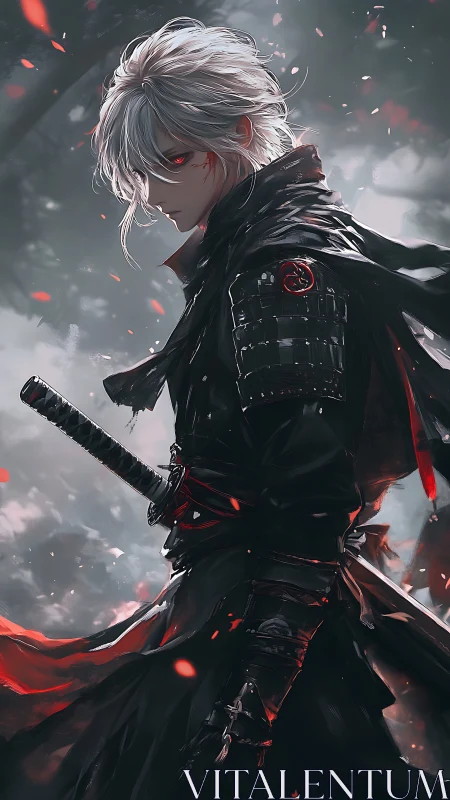 White haired swordsman in dark armor amid falling embers.