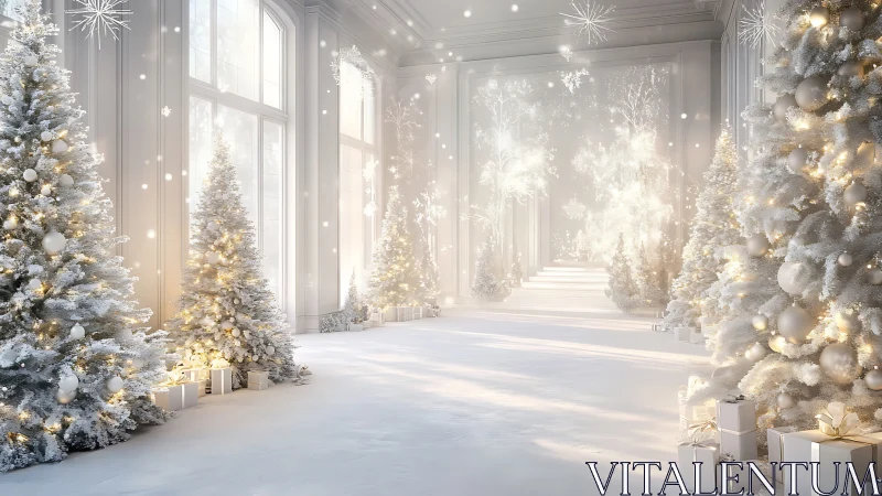 Snowy indoor corridor with decorated Christmas trees.