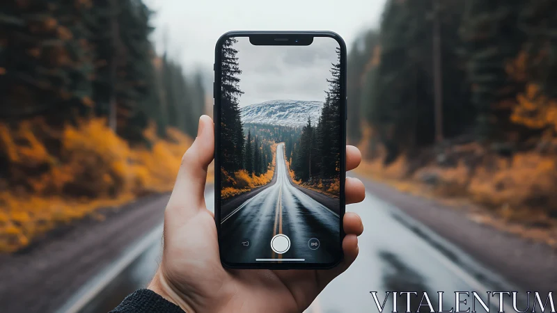 Phone-framed autumn road leading toward misty mountain horizon.