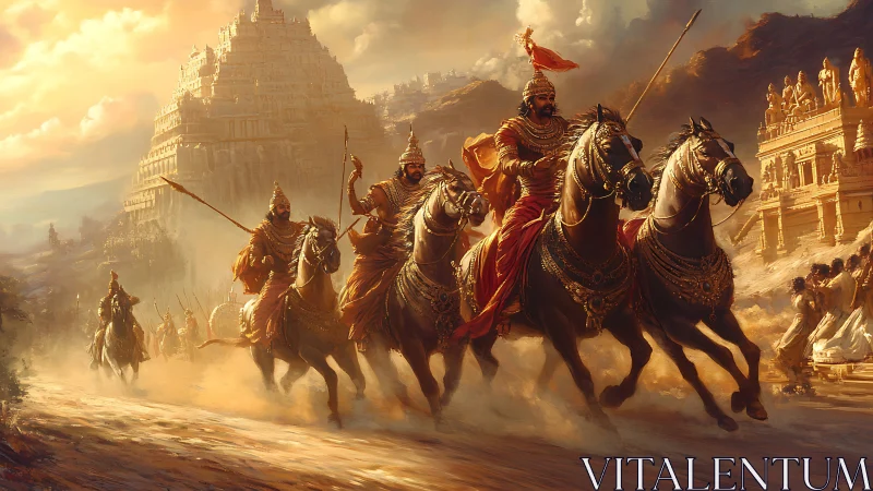 Sun-drenched warrior cavalcade before a golden temple storm.