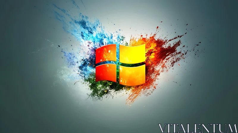 Windows logo bursts through vibrant digital paint splash.