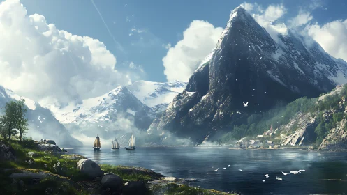 Snowcapped fjord peaks tower above tranquil sailing boats.