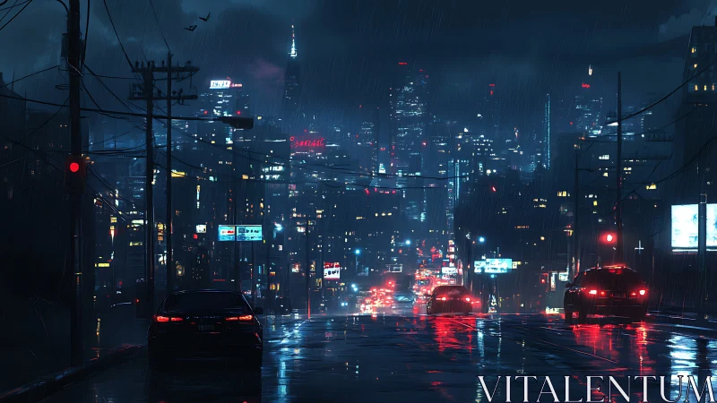 Nighttime urban street shows wet roadway facing dense skyline