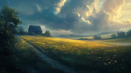 Sunlit wildflower meadow leading toward distant cottage.