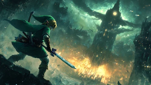 Armored elf swordsman surveying incendiary dystopian citadel.