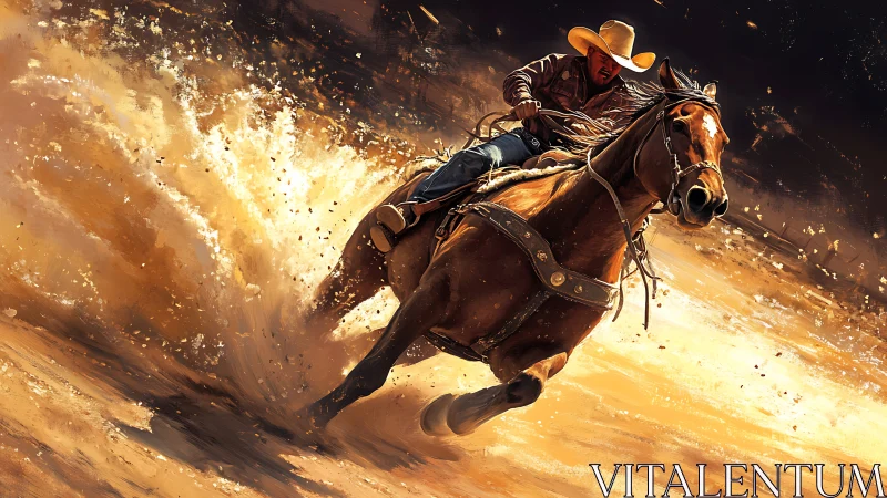 Dynamic vector cowboy on galloping horse in sand vortex field.