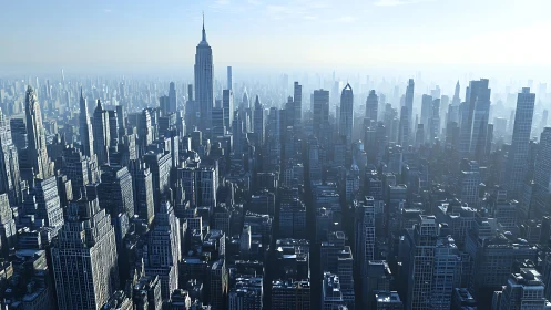 Morning aerial of dense high-rise skyline in cool haze.
