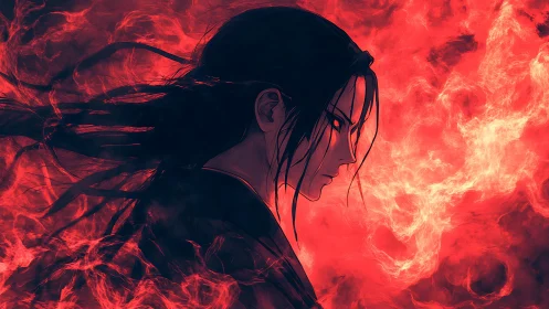 Anime antihero in profile immersed in intense infernal flames