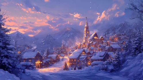 Snowbound alpine village glowing under winter dusk sky.