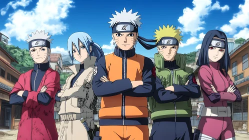 Five stylized shinobi figures stand in a village street