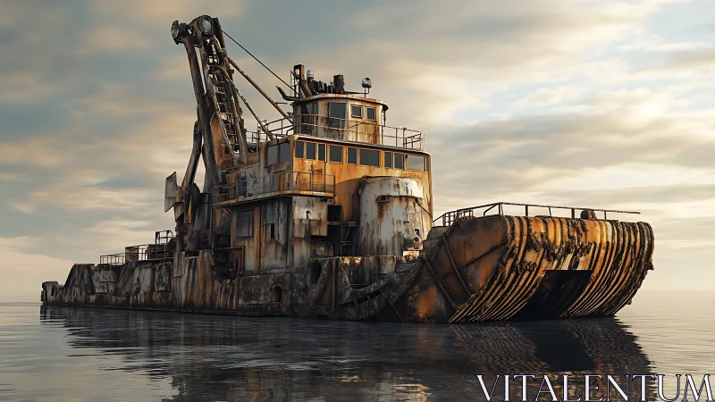 Rust-streaked industrial dredger ship in calm seascape light.