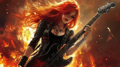 Fiery red-haired guitarist rendered in dynamic digital brushwork