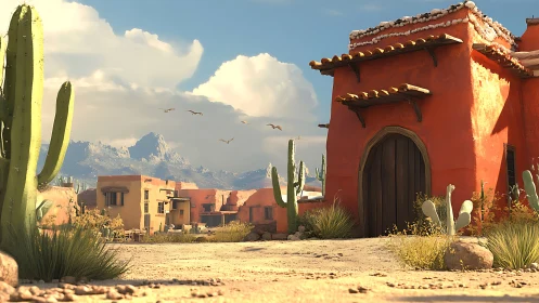 Sunlit Desert Hacienda with Cacti Mountains and Adobe Architecture