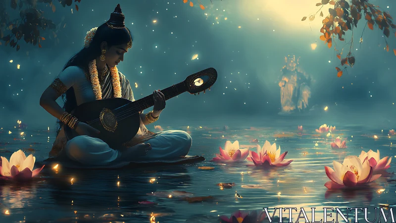 Moonlit musician rests by glowing lotus waters in quiet prayer