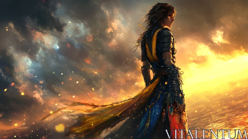 Lone warrior welcomes a glowing horizon of firelit hope.