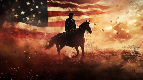 Lone rider crosses a fiery field beneath a vast US flag