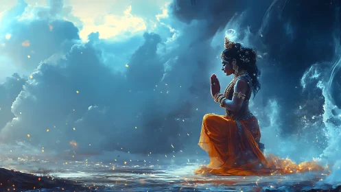 Divine kneeling figure in luminous storm-cloud ritual space.