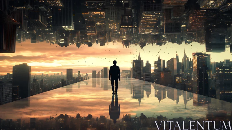 Solitary figure on reflective walkway between mirrored cities.