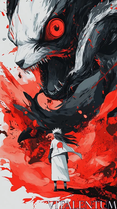 Heroic ninja faces a swirling storm of crimson fury.