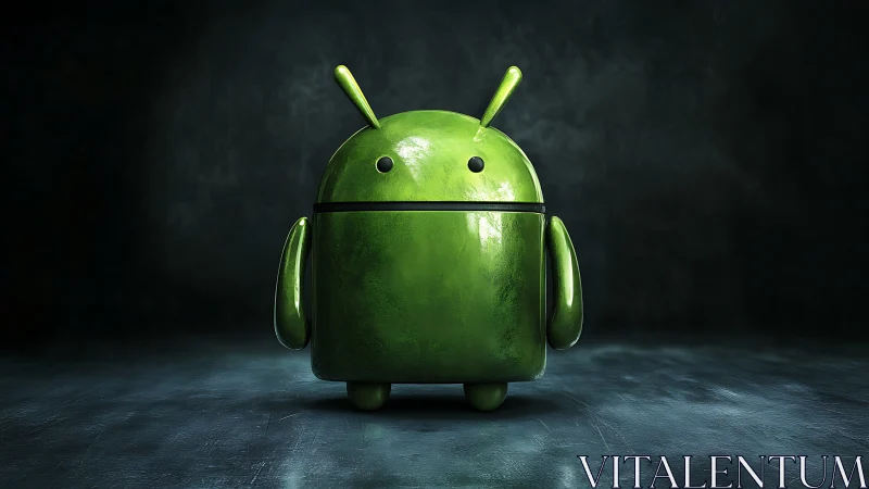 Photoreal 3D android mascot rendered on moody studio stage