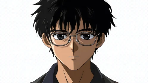 Thoughtful anime teen with glasses and gentle dark hair.