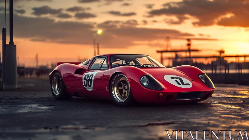 Red vintage race car parked on wet pavement at sunset.