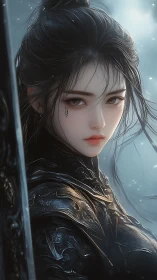 Quiet warrior gaze with soft strength and dark armor.