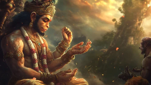 Serene Hanuman in golden dusk, blessing a humble devotee.
