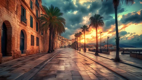 Golden sunset stroll lights up a peaceful seaside promenade