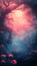 Luminous moonlit forest corridor with neon magenta blooms.
