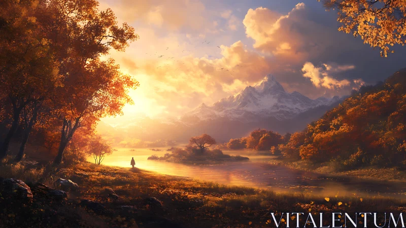 Autumn river valley at sunset beneath distant snowy peaks.