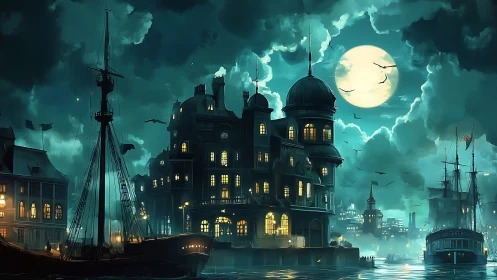 Moonlit harbor manor glows against stormy teal cloudscape.
